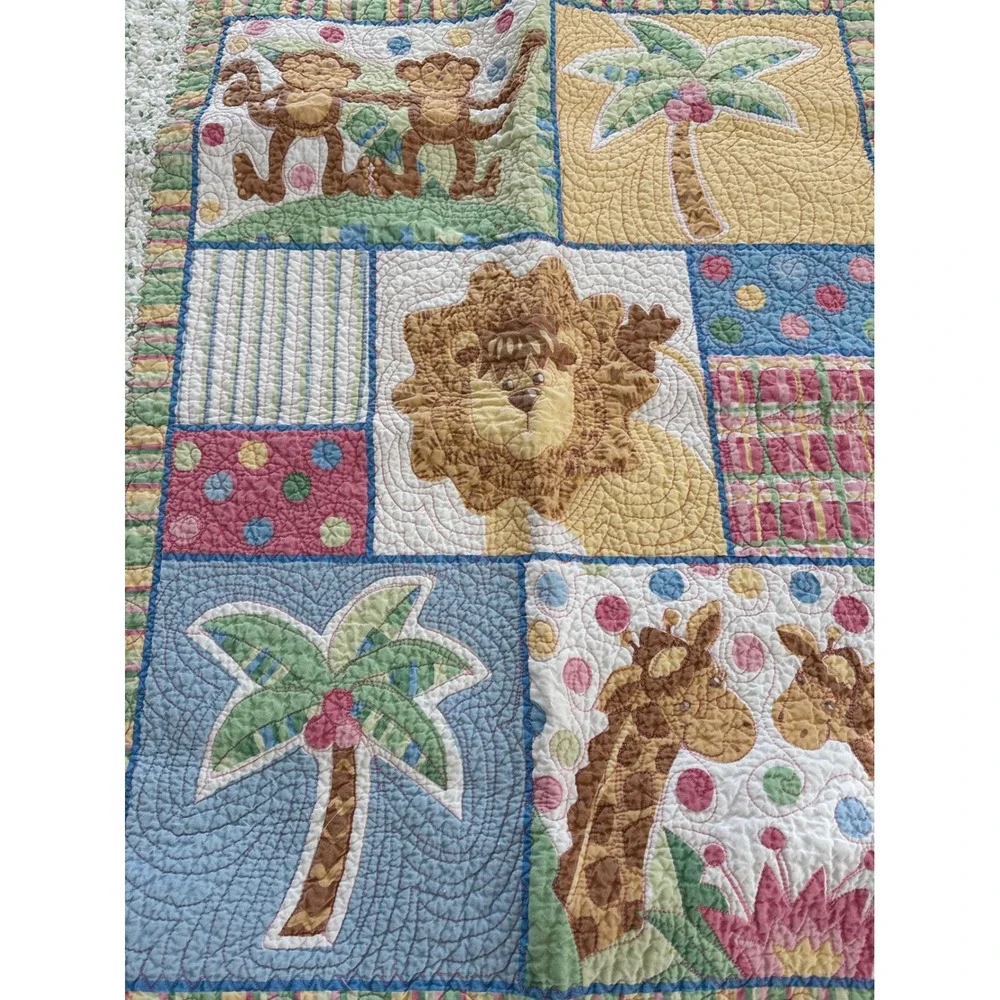 Vintage Jungle Safari Patchwork Quilted Baby Blanket‎ Lion Monkey Giraffe 41x31